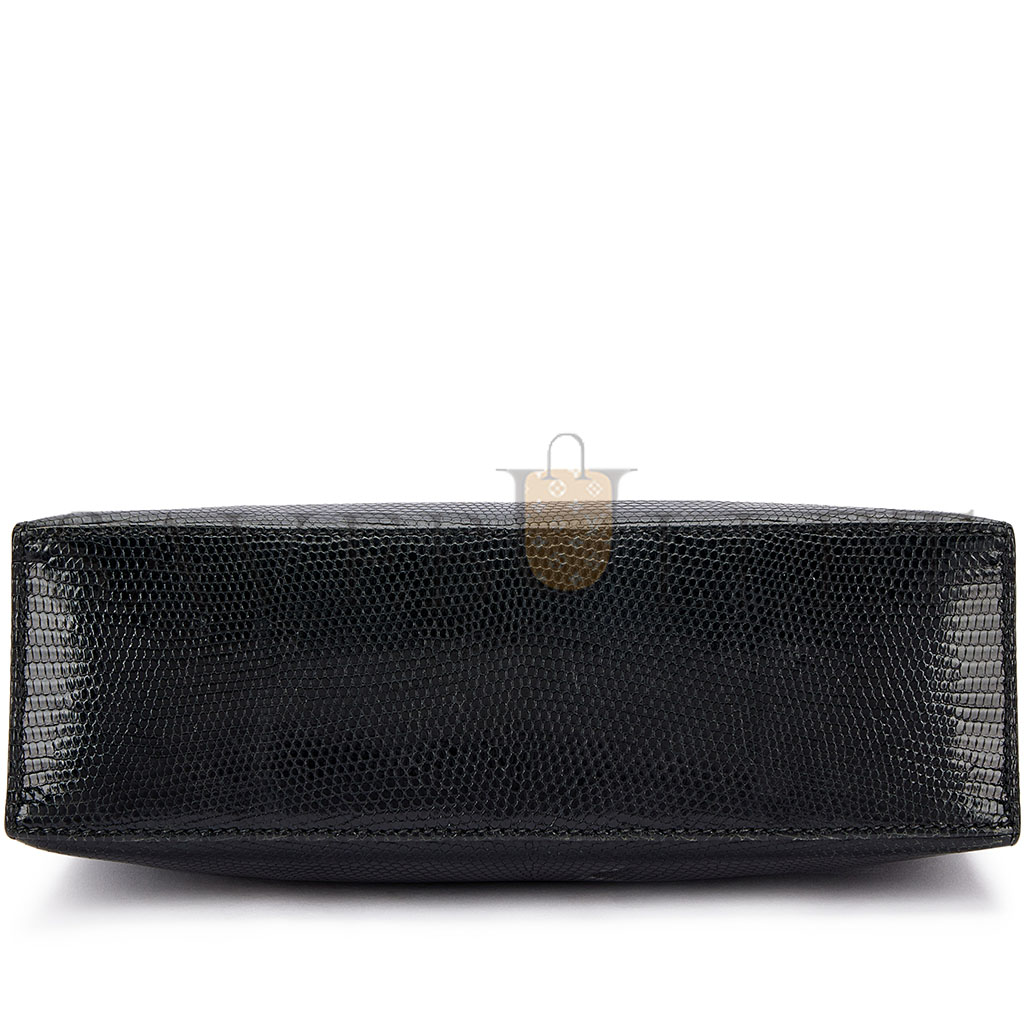 HERMÈS MASTER  BLACK SHINY NILOTICUS LIZARD KELLY POCHETTE GOLD HARDWARE (22*14*7cm) 